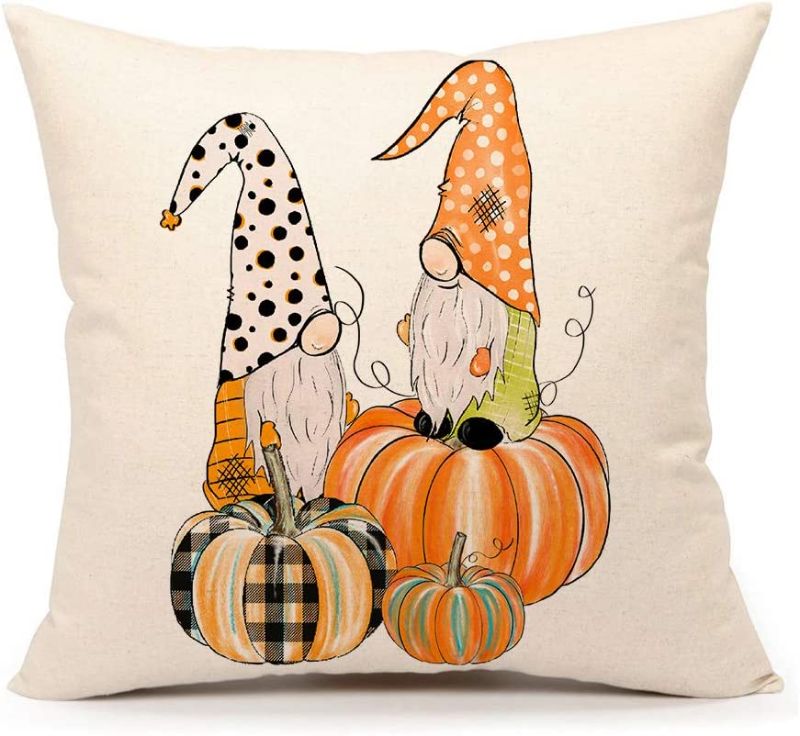 Photo 1 of 4TH Emotion Fall Pumpkin Gnomes Throw Pillow Cover Farmhouse Autumn Cushion Case for Sofa Couch 18x18 Inches Polyester Linen
