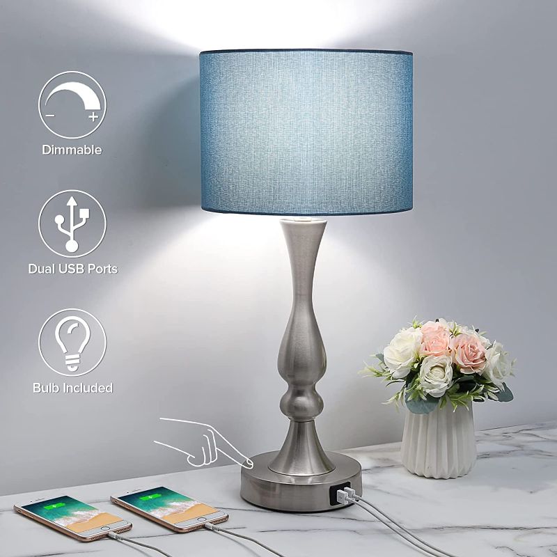 Photo 1 of 3-Way Dimmable Touch Control Table Lamp with Dual USB Charging Ports, Bedside Touch Lamp Modern Accent Lamp with Blue Lampshade, Bedroom Nightstand Lamp for Living Room Office, 6W LED Bulb Included
