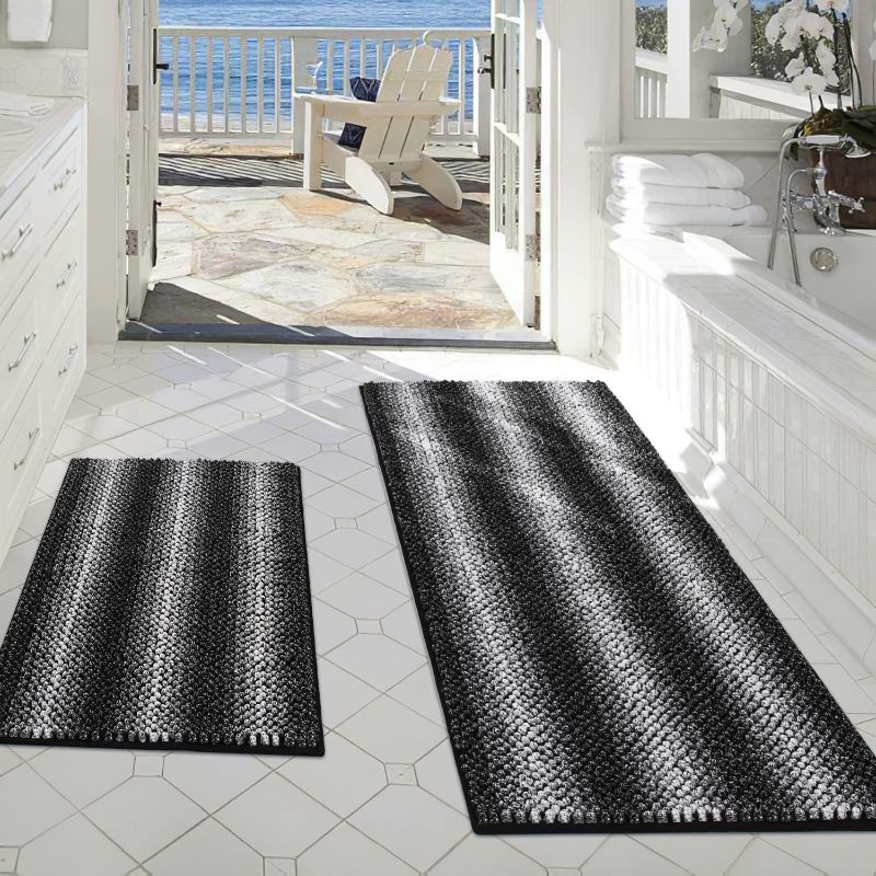 Photo 1 of Bathroom Rugs, Bath Mat Non Slip, 2 Piece Water Absorbent Bath Rugs Set for Bathroom Shaggy Chenille Bath Room Shower Rugs Mats Sets, Machine Washable (20" x 47" Plus 16" x 24", Black)
