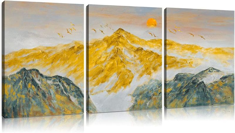 Photo 1 of Abstract Wall Art Golden Mountain Decor for Bedroom 3 Pieces Canvas Prints Birds Painting Landscape Artwork Bathroom Wall Décor Sunset Pictures Home wall Decorations for Living Room 12"x16"x3 Panels
