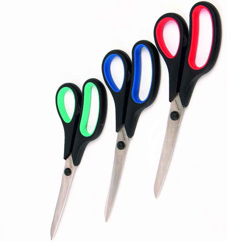 Photo 1 of XFasten Premium Office and School Scissors Bulk Pack, 8.0", Multicolor (Set of 3) Ergonomic Handles and Reinforced Sharp Scissors | Multipurpose Scissors for General Use for Right/Left Handed
