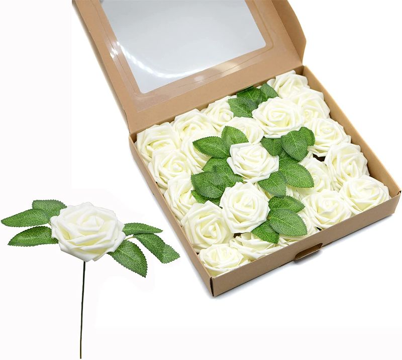 Photo 1 of Artificial Roses Flowers Real Looking 25pcs Foam Ivory Fake Roses with Stems DIY for Wedding Bouquets Centerpieces,Party Bridal Shower Centerpieces Arrangements Party Tables Decorations (Ivory, 25)
