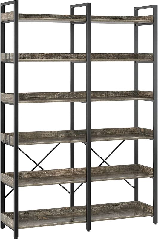 Photo 1 of Seventable Bookshelf 6 Tier with 4 Hooks?69”Industrial Wooden Bookcase, Vintage Storage Rack with Open Shelves, Rustic Standing Bookshelves Metal Frame 47.3” Wide Display Rack for Living Room, Gray -- Cracked Wood Panel
