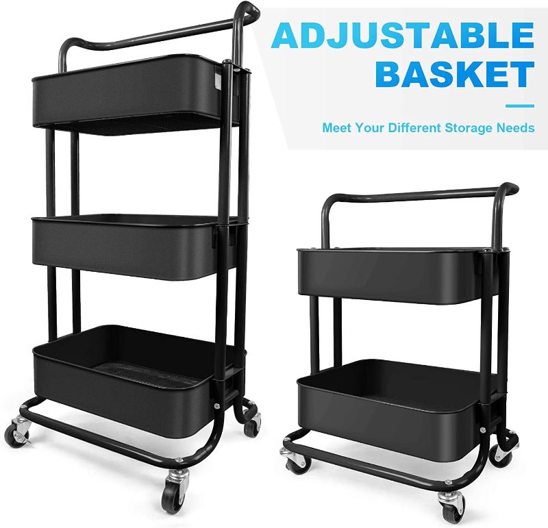Photo 1 of  3 Tier Metal Utility Rolling Cart with Lockable Wheels, Multifunction Movable Storage Shelves Organizer Cart with Handle and Mesh Basket for Kitchen, Coffee Bar,Bathroom, Office