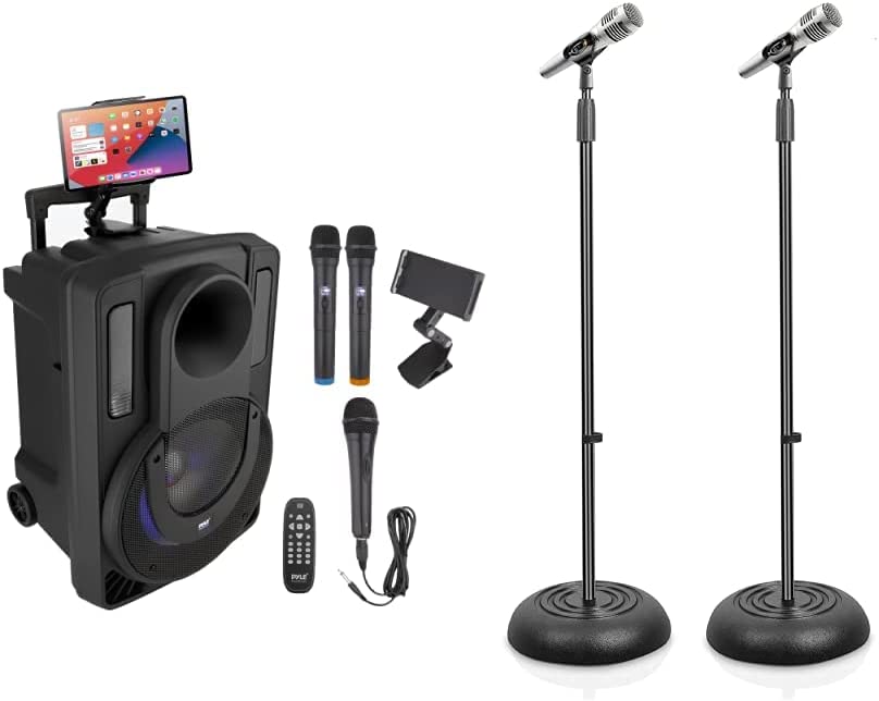 Photo 1 of 12’’ Portable PA Speaker System - Wireless BT Streaming PA & Karaoke Party Audio Speaker - PHPWA12TB & Universal Compact Base Microphone Stand - 2.8 to 5 Ft Height Adjustable- Pyle PMKS5X2 (Pair)
