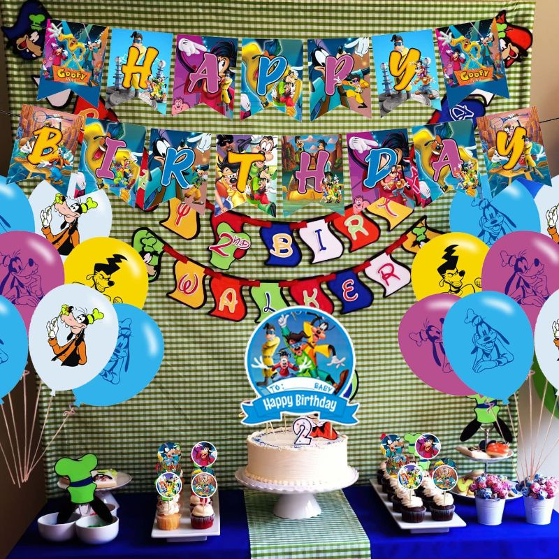 Photo 1 of A Goofy Movie Party Decorations, A Goofy Movie Birthday Party Supplies Includes Banner - Cake Topper - 12 Cupcake Toppers - 20 Balloons
-FACTORY SEALED-
