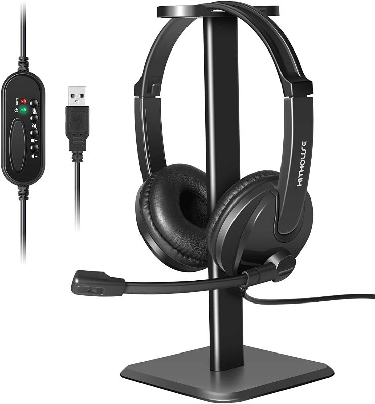 Photo 1 of USB Headset Headphone with Microphone for Computer Laptop PC, Wired Call Center Office Work Headset with Microphone Noise Cancelling + Headset Headphone Stand Holder