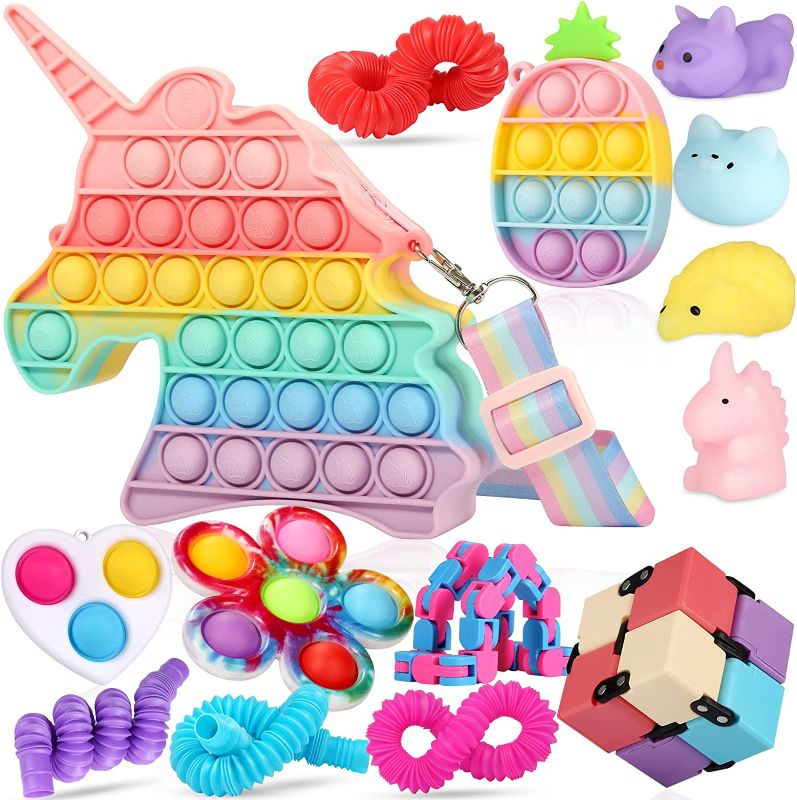Photo 1 of  Unicorn Fidget Toys Pack Set Pop Purse Crossbody Bag Fidgets Toy Sets Packs Fidget Toys Pack Gifts Stress Relief and Anti-Anxiety Tools for Girls Boys Autistic Children Kids (14 Packs)