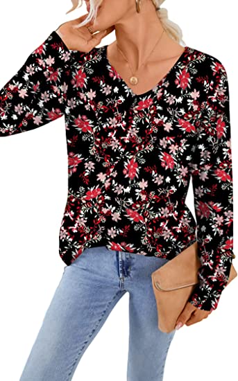 Photo 1 of Arkniok Womens Long Sleeve Tunic Tops Casual Print T-Shirts V Neck Loose Fit Dressy Blouses. L
