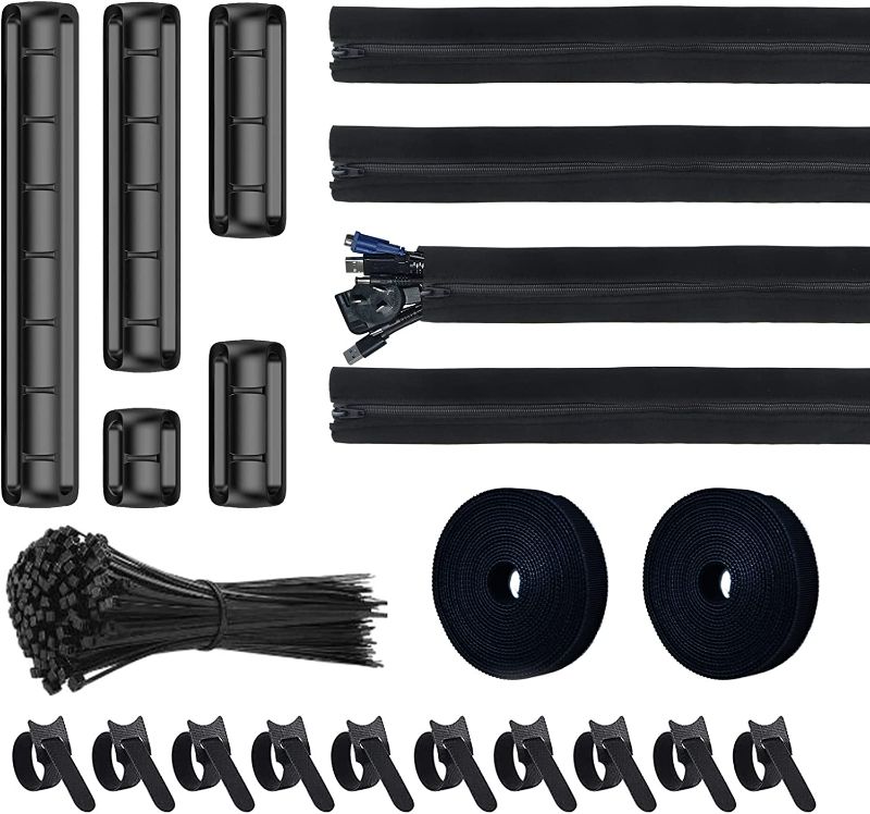 Photo 1 of Acvensity, 125PCS Cord Organizer Management Kit, 4 Cable Protector Sleeve, 5 Self Adhesive Cable Clip, 10PCS and 2 Rolls Reusable Strips Cable Ties, 100 Nylon Zip Ties, 4 Double-Sided Tape
FACTORY SEALED