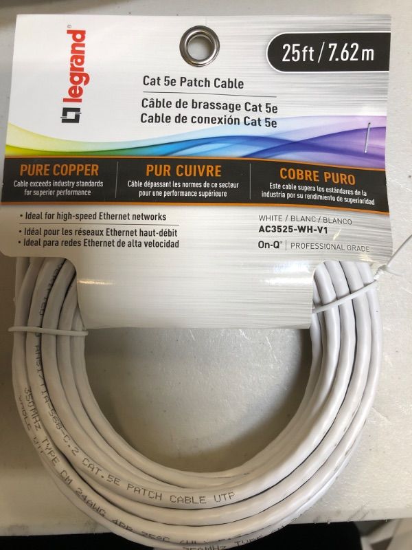 Photo 2 of On-Q CAT 5e Patch Cable, 10Gbps Ethernet Speed, Computer Networking Cord/Data Cable, 25-foot, AC3525WHV1