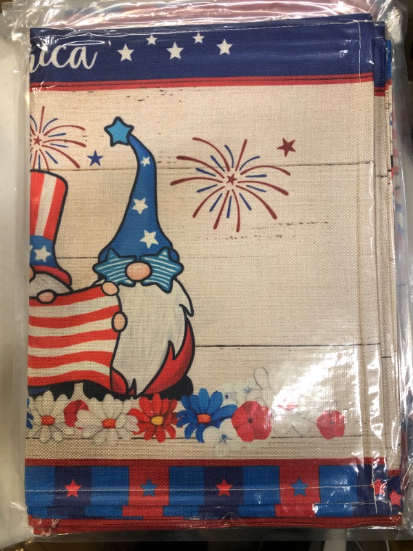 Photo 2 of 4th of July Placemats, Patriotic Placemats Set of 6, Fourth of July Place Mats for Dining Table 12x18 Inch, Gnomes Red Truck American Stars Heat Resistant Burlap Table Mats for Kitchen Decor Indoor
-FACTORY SEALED-
