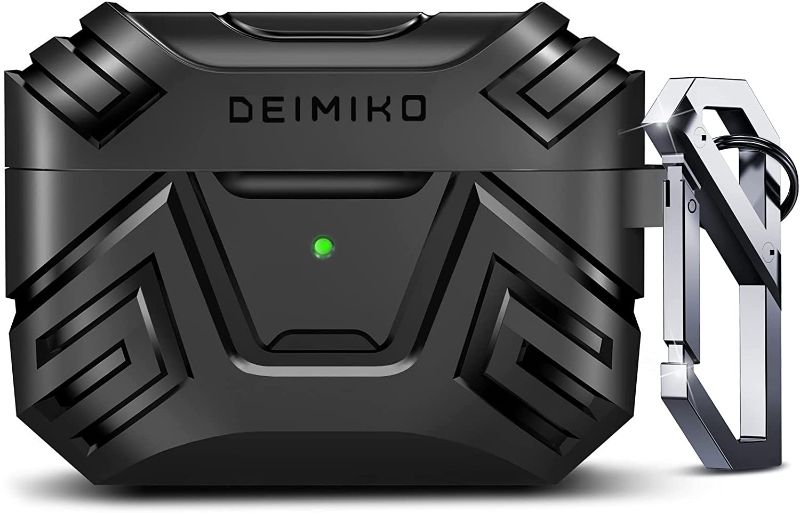 Photo 1 of Airpods Pro Case Cover, DEIMIKO Military Hard Shell Protective Cover Case with Keychain for AirPod Pro 2019 [Front LED Visible] (Black with Stainless Steel Keychain)

