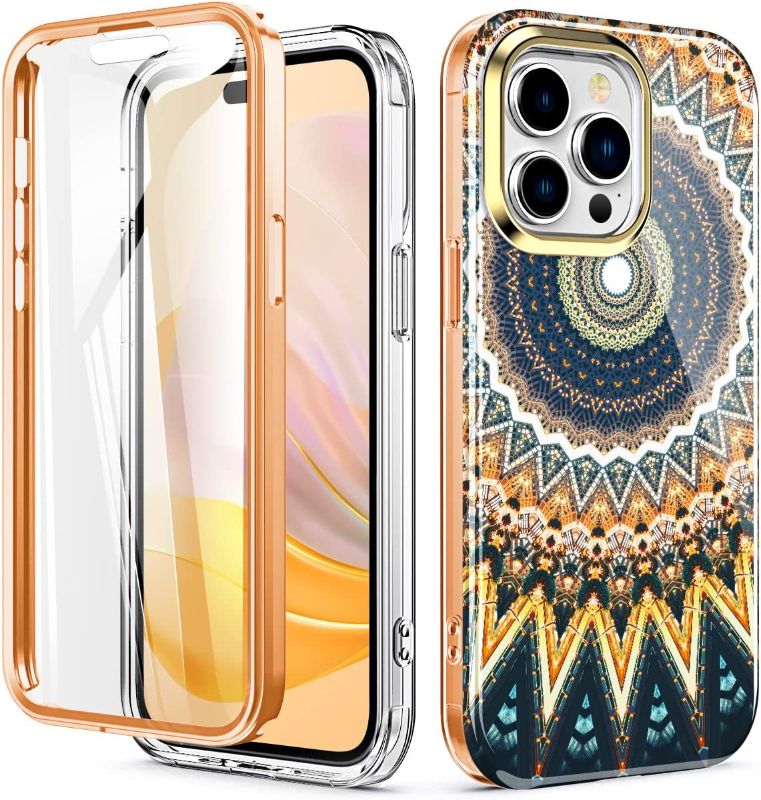 Photo 1 of r iPhone 14 Pro Max Case, (with Built-in Screen Protector) Shockproof Slim Soft TPU+Hard Plastic Full Body Protective Case for iPhone 14 Pro Max (6.7" Display) 2022 - Orange Mandala