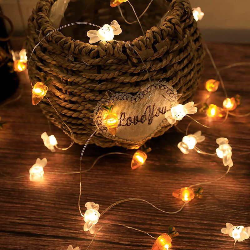 Photo 1 of 13 FT 40 LEDs Easter Decorations Lights 20 Carrots & 20 Bunny Easter String Lights Battery Operated with 8 Mode Remote, Rabbit Shaped String Lights for Easter Eggs Hunt Party, Mantel, Christmas Décor
-UNOPENED BOX-