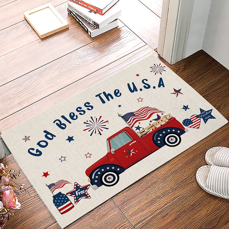 Photo 1 of  Independence Day Doormat - Red Truck with Patriotic Stars Gorgeous Fireworks Indoor Doormat 4th of July God Bless The U.S.A Floor Mat Low-Profile Rug for Home Office (20" x 31.5")