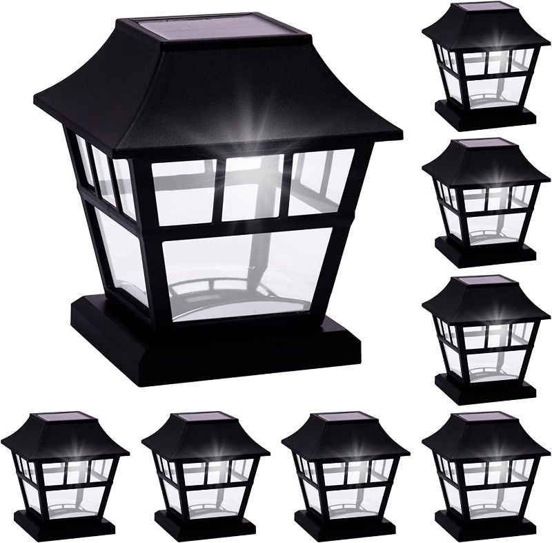 Photo 1 of GreenLighting Peak Solar Post Cap Lights - Outdoor Fence and Deck Post Lights - Fit on 4x4 5x5 Wood Vinyl PVC Post Caps - Waterproof Post Solar Lights with Warm White LED Light (Black, 8 Pack)