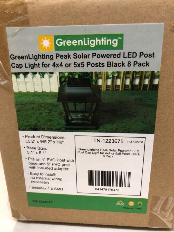 Photo 1 of GreenLighting Peak Solar Post Cap Lights - Outdoor Fence and Deck Post Lights - Fit on 4x4 5x5 Wood Vinyl PVC Post Caps - Waterproof Post Solar Lights with Warm White LED Light (Black, 8 Pack)
