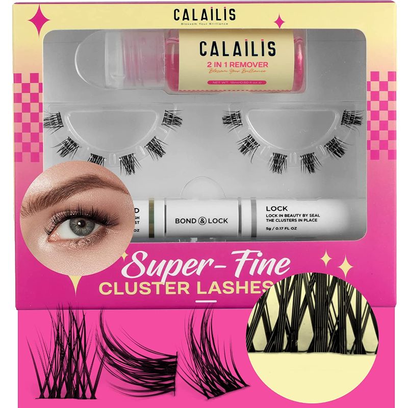 Photo 1 of DIY Eyelash Extension,CALAILIS Individual Cluster Lashes Kit,Natural Look Glue Bonded Black Super Thin Band With 12 Individual Eyelashes,Applicator,Eyelash Glue Remover and Bond & Seal(A05-12mm)
