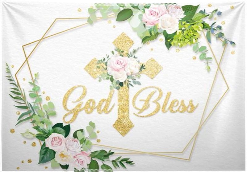 Photo 1 of Allenjoy 7x5ft God Bless White Backdrop First Holy Communion Baptism Christening Photography Background Baby Shower Birthday Party Supplies Golden Cross Floral Flower Decoration Banner Photo Booth
