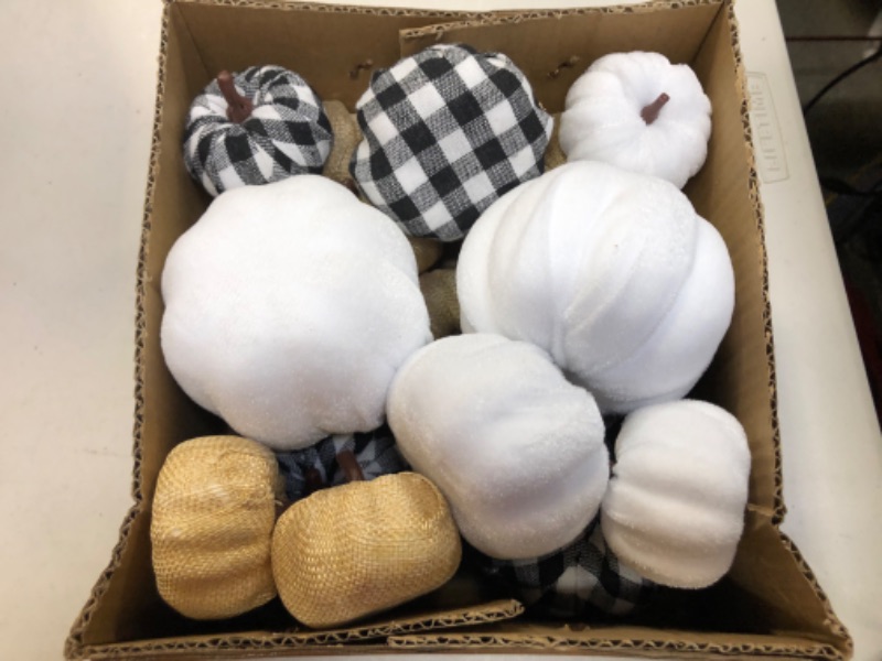 Photo 2 of 16 Pcs Artificial Pumpkins Assorted Fall Pumpkins White Pumpkins Burlap Pumpkins Rustic Pumpkins for Fall Harvest Thanksgiving Halloween Fireplace Decorations
