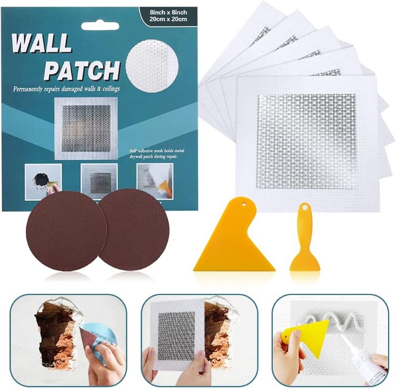 Photo 1 of 8'' by 8'' Drywall Repair Patch, Wall Patch Repair Kit, Self Adhesive Wall Mesh Repair, Large Hole Patch for Drywall, Sheet Rock Patch, Aluminum Metal Sheetrock Ceiling Dry Wall Patch(8 Inch 5 Pieces)
