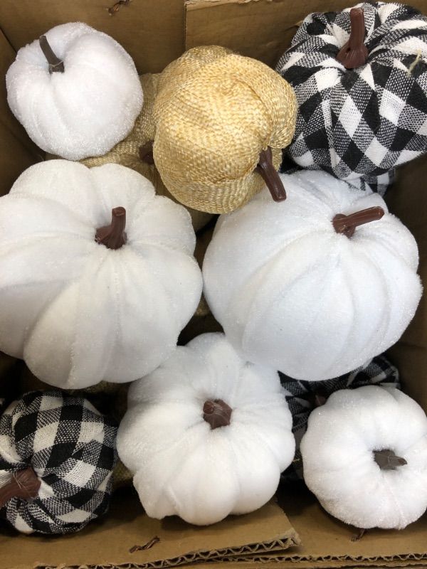 Photo 2 of 16 Pcs Artificial Pumpkins Assorted Fall Pumpkins White Pumpkins Burlap Pumpkins Rustic Pumpkins for Fall Harvest Thanksgiving Halloween Fireplace Decorations
