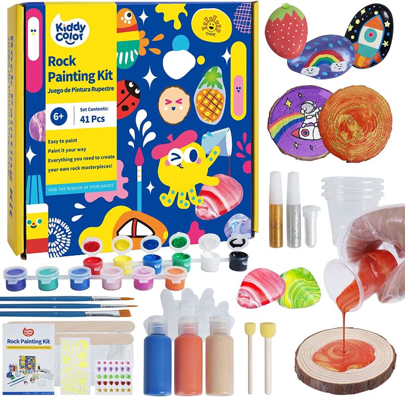 Photo 1 of  Deluxe Rock Painting Kit, Arts & Crafts DIY Supplies Kit for Kids Ages 5-12 - Decorate Your Own Painting Craft with Pouring Paints, Brushes, Googly Eyes, Glow Stickers