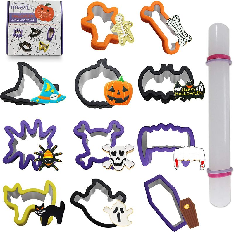 Photo 1 of 12 Pack Halloween Cookie Cutters Set, 11 PCS Stainless Steel Sandwich Cutter Molds with Comfort Grip, 1PC Rolling Pin for Halloween Party (Include Pumpkin, Witch Hat, Bat, Ghost Mold )