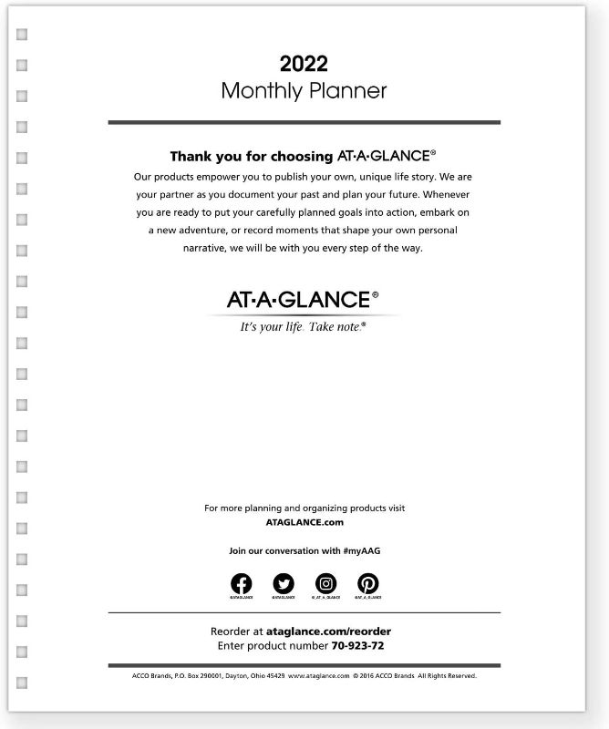 Photo 1 of 2022 Monthly Planner Refill for 70-236 or 70-296 by AT-A-GLANCE, 9" x 11", White (7092372)
