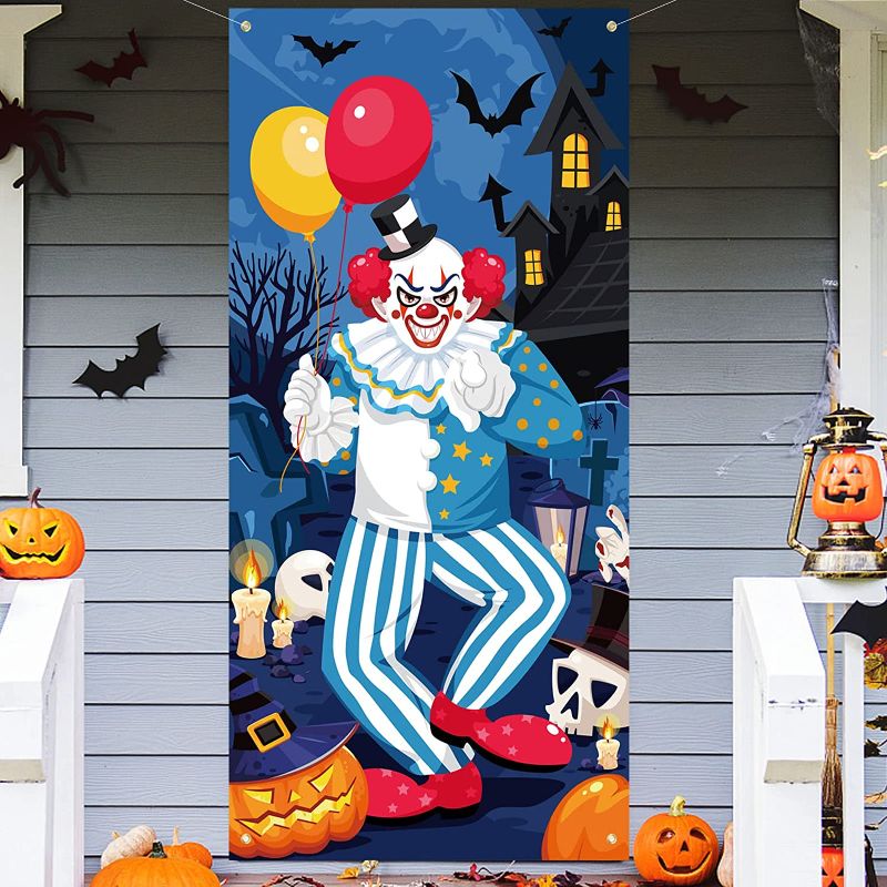 Photo 1 of  Halloween Clown Door Cover Decoration, Halloween Party Favors Door Banner Pumpkin Bat Ghost Design for Home Ornament, Large Fabric Halloween Party Door Decoration Photo Backdrop Supplies