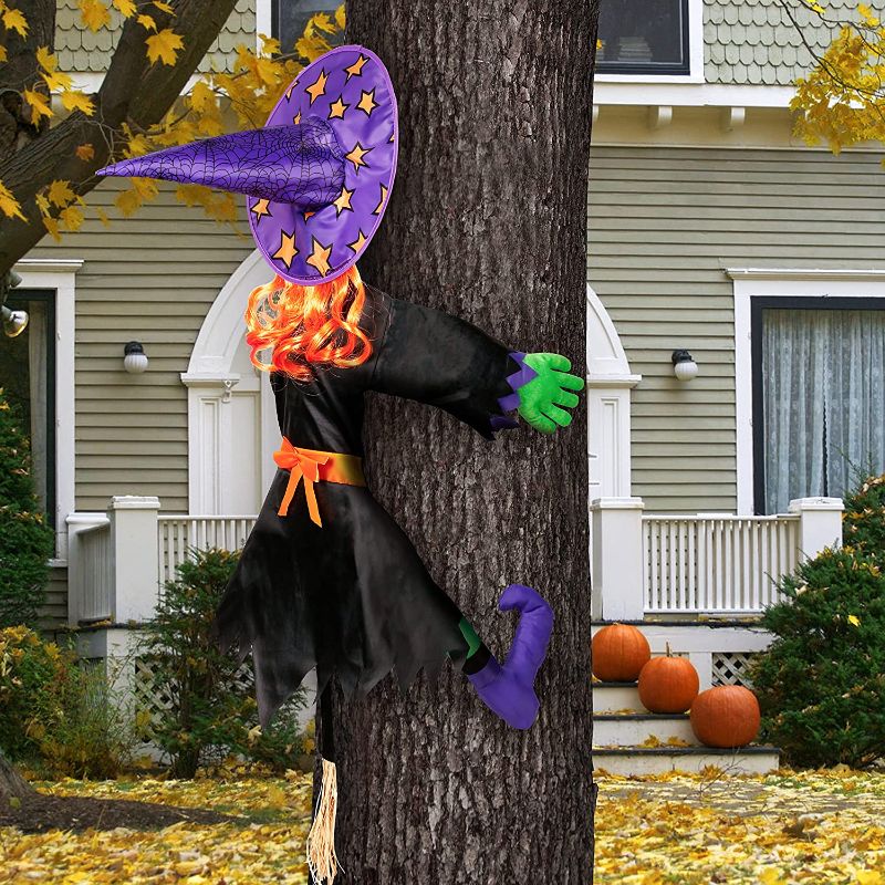 Photo 1 of  Halloween Decoration Crashing Witch Into Tree with Sign, Halloween Witch Indoor and Outdoor Tree Trunks or Pillars Decor for Lawn, Yard, Patio Decoration