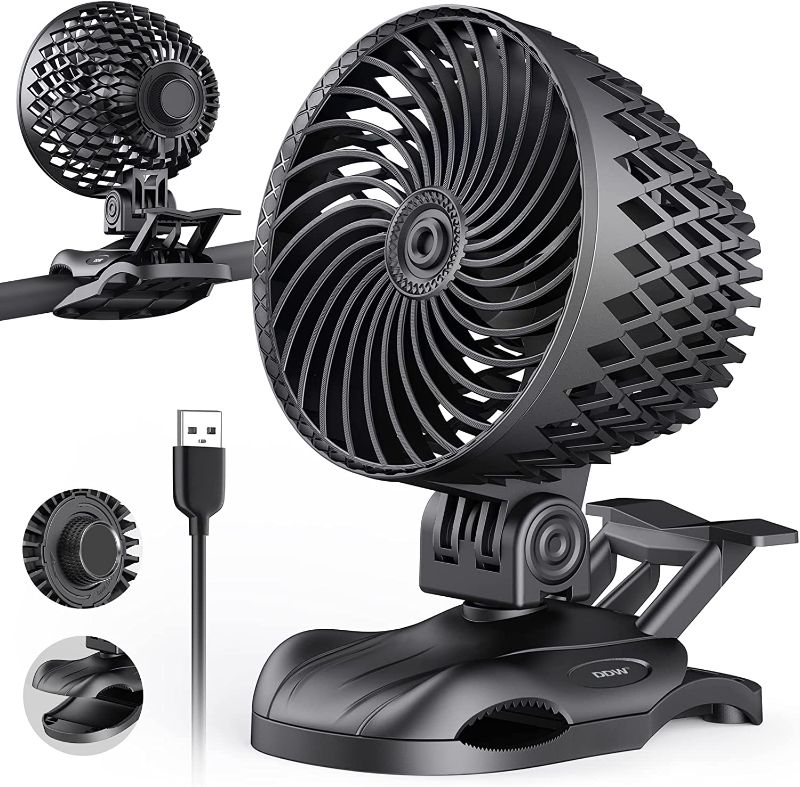 Photo 1 of  Small USB Desk Fan, Variable Speed Clip on Fan with Strong Airflow&Sturdy Clamp, 360°Rotation Adjustable Portable Table Cooling Fan for Home Office Car Stroller, Black