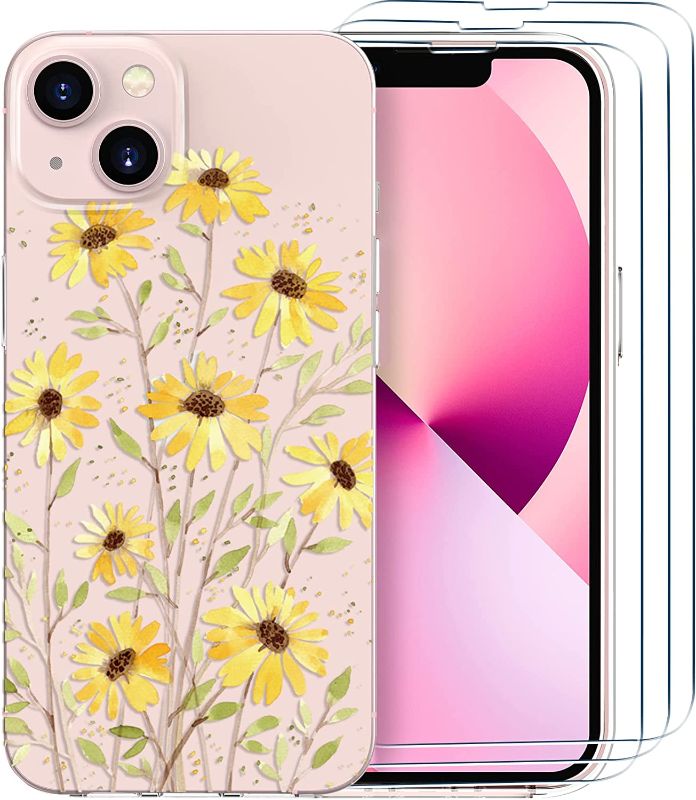 Photo 1 of  iPhone 13 Case for Women +3pcs Tempered Glass Screen Protector, Clear Cute Floral Phone Cases,Girls Wildflower Flowers Aesthetic Design Cover, Silicone Protective Hard Case for iPhone 13 6.1"