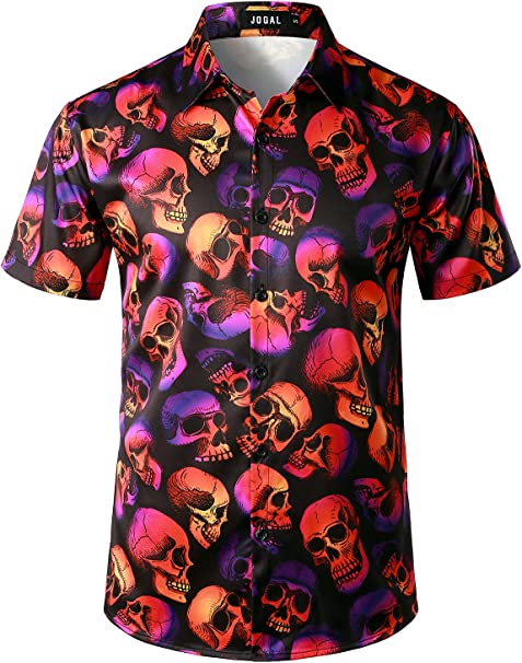 Photo 1 of  Men's Halloween Shirt Pumpkins Skull Short Sleeve Button Down Shirts