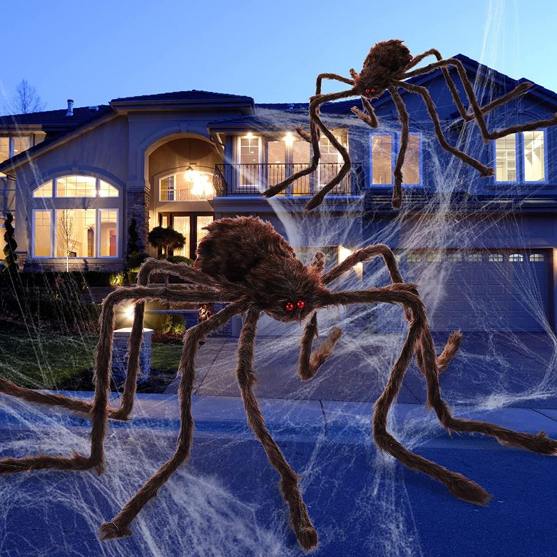 Photo 1 of 2 Pcs Halloween Giant Spider Decorations, 4.1 ft 2.9 ft Soft Hairy Scary Spider Halloween Decor Creepy Large Realistic Spider Brown Animated Halloween Spider for Indoor Outdoor Yard Party Garden
--SEALED BOX--