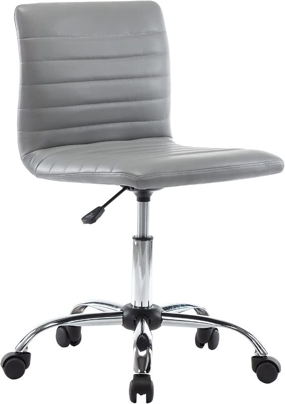 Photo 1 of Desk Chair, Stylish Armless Low Back Stool Look, Made of Faux Leather, Supplied with Adjustable 360 Degrees Swivel and Small Rolling Wheels, Perfect for Computer Tasks in The Office or Bedroom, Grey