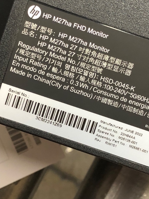 Photo 1 of Hp M27ha Fhd Monitor - Full HD Monitor (1920 X 1080p) - Ips Panel and Built-in Audio - Vesa Compatible 27-inch Monitor Designed
