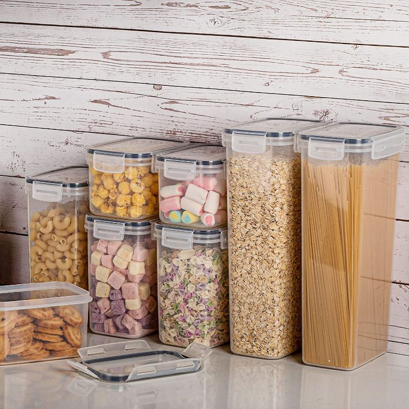 Photo 1 of Airtight Food Storage Containers with Lids, Vtopmart 24 pcs Plastic Kitchen and Pantry Organization Canisters for Cereal, Dry Food, Flour and Sugar, BPA Free,-------barley used-------missing some items/hardwar---------does not come with lids 
