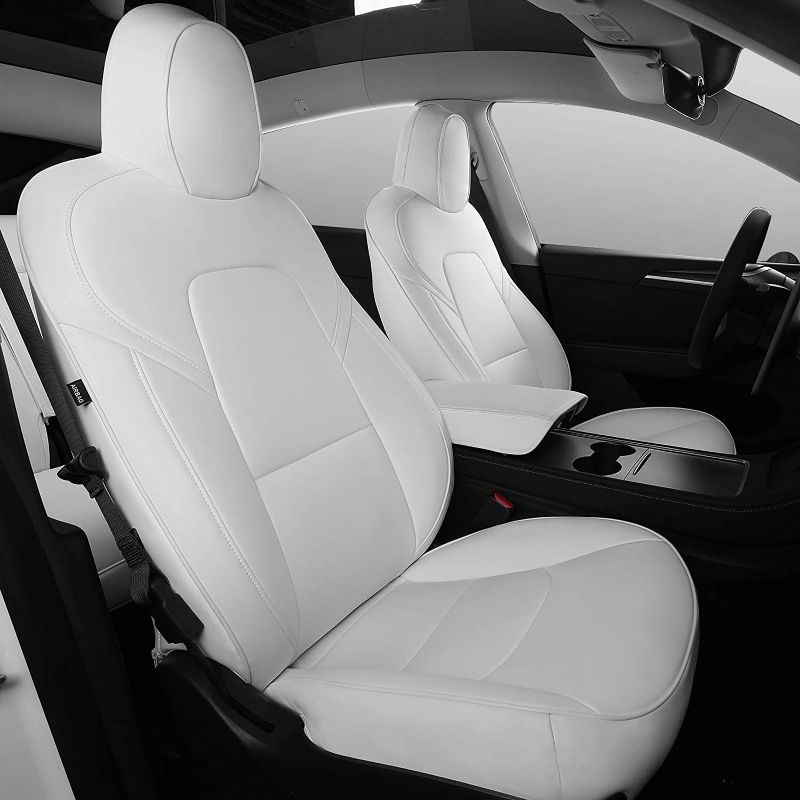 Photo 1 of Xipoo Fit Tesla Model Y Car Seat Cover PU Leather Cover Fully Wrapped All Season Protection for Tesla Model Y 2020 2021 2022(White-PU, Model Y(Fully Wrapped 12 Pcs))--------Slightly used-----------missing some items

