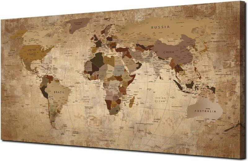 Photo 1 of Acocifi World Map Canvas Wall Art Retro Beige Abstract Painting Vintage Old Nautical Picture Framed Artwork Prints for Living Room Bedroom Study Room Home Office Wall Decor 40"x20"
