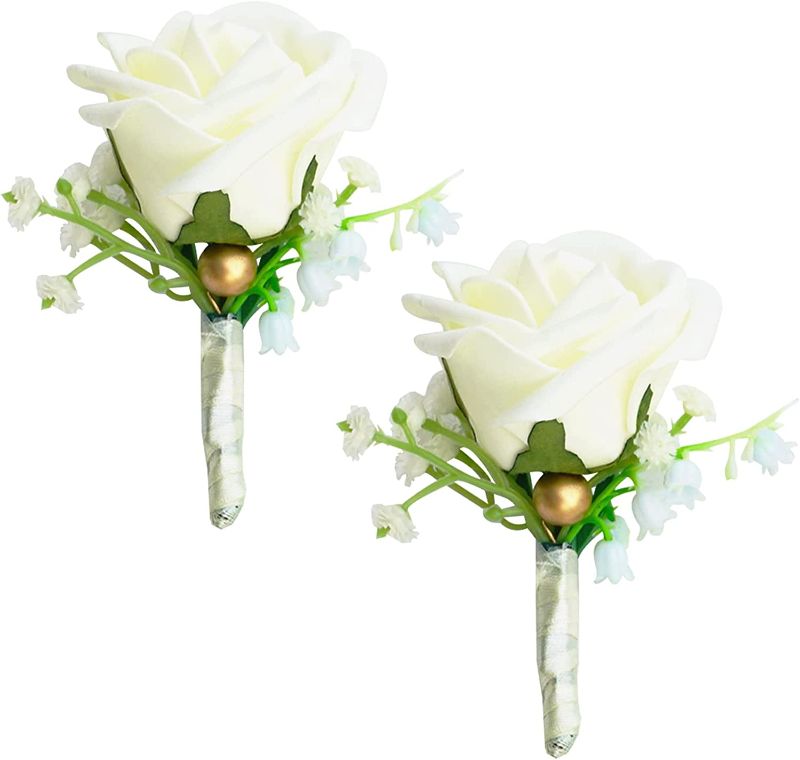 Photo 1 of BASIMANMen Wedding Boutonniere Wedding Flowers Rose Corsage for Groom and Best Man Corsage for Wedding Anniversary Formal Dinner Party Decoration (2Pcs White Corsages)
