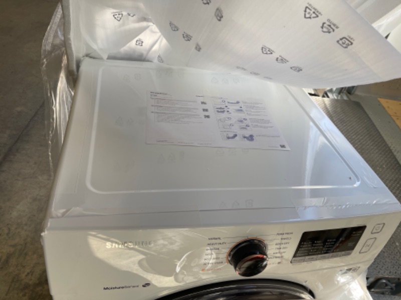 Photo 3 of Samsung - 4.0 Cu. Ft. Stackable Electric Dryer - White  COSMETIC DMG; DENTED & SCUFFED, PACKAGE DMG 
