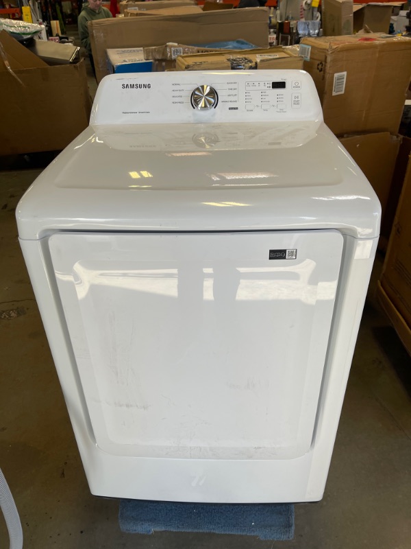 Photo 2 of 7.2 cu. ft. Electric Dryer with Sensor Dry in White. COSMETIC DMG; SCUFFS/SCRATCHES, BROKEN SCREW CORD BRACKET. INTERIOR UNUSED. 