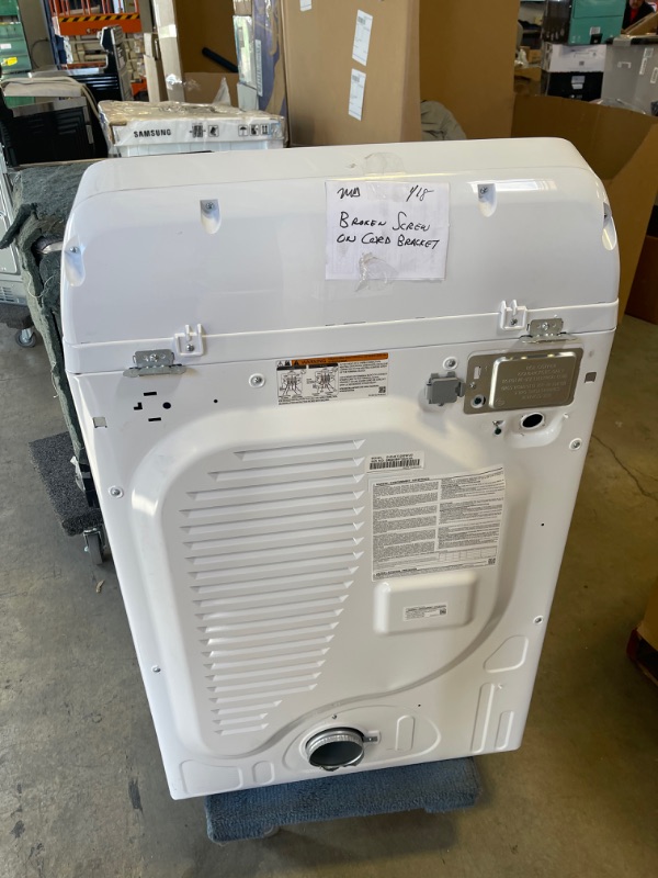 Photo 5 of 7.2 cu. ft. Electric Dryer with Sensor Dry in White. COSMETIC DMG; SCUFFS/SCRATCHES, BROKEN SCREW CORD BRACKET. INTERIOR UNUSED. 