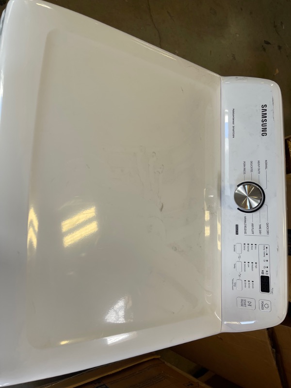 Photo 6 of 7.2 cu. ft. Electric Dryer with Sensor Dry in White. COSMETIC DMG; SCUFFS/SCRATCHES, BROKEN SCREW CORD BRACKET. INTERIOR UNUSED. 