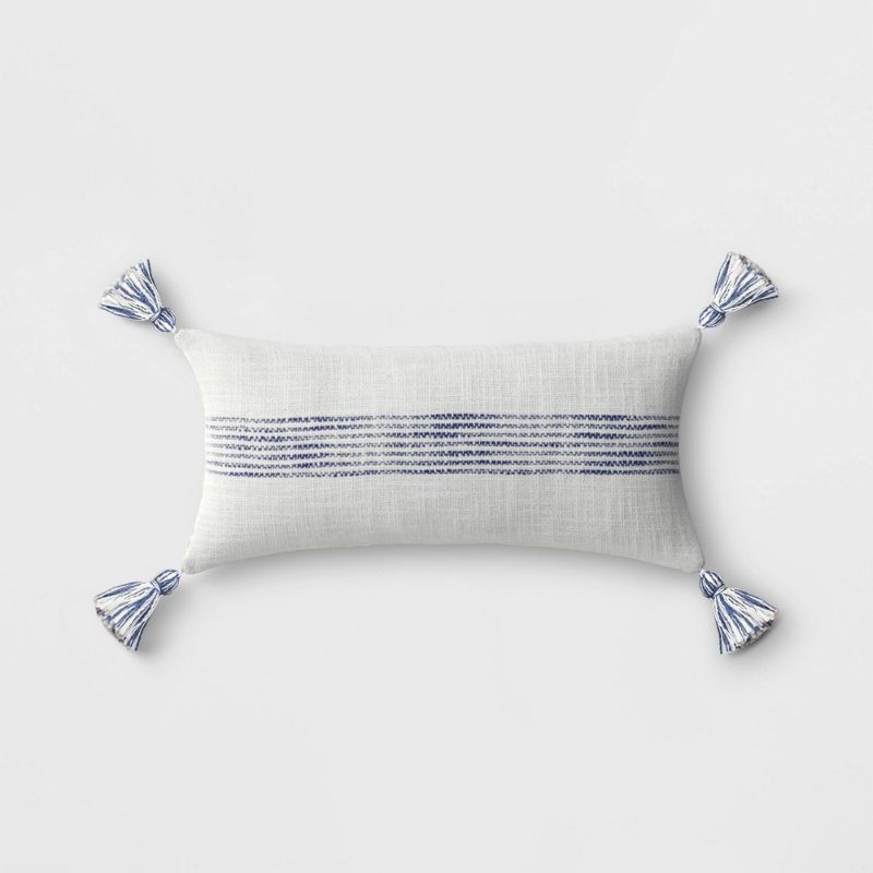 Photo 1 of Woven Striped Lumbar Outdoor Throw Pillow Blue/Gray - Threshold™ 20IN W X10 IN 
