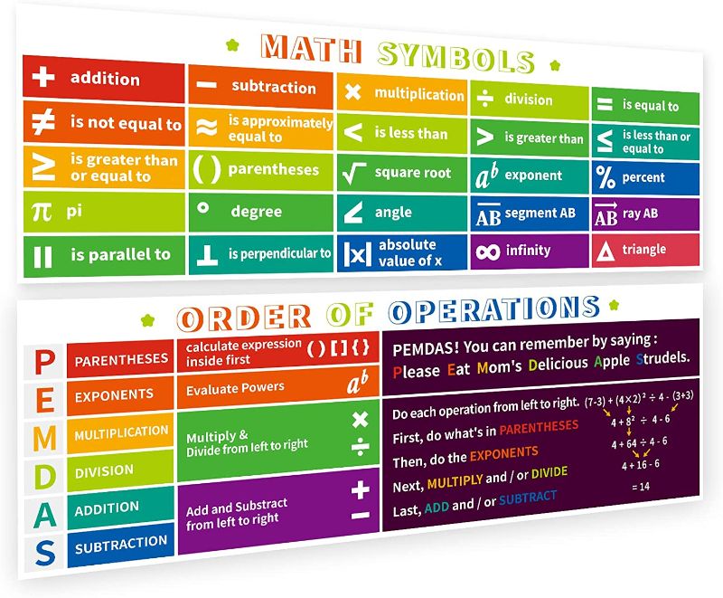 Photo 1 of Order of Operation Math Chart and Math Symbols Posters for Classroom Decorations, Educational Banners for Elementary & Middle School Students and Teachers supplies,Wall Decor,13.5x 39 inch,2 Pack
