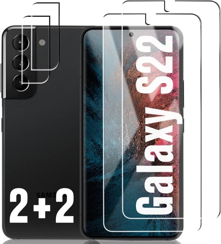 Photo 1 of [2+2 Pack] S22 Glass Screen Protector, HD Clear 9H Tempered Glass Scratch Resistant, Fingerprint Unlock, 3D Curved, Bubble-Free for Samsung Galaxy S22 Glass Screen Camera Protector (6.2")
