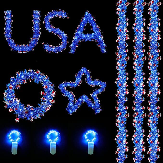 Photo 1 of 3 Pieces Patriotic Red, White and Blue Tinsel Garland with Light Hanging Star Tinsel Garlands for 4th of July Patriotic or Memorial Day Decor Wall Hanging Party Supplies with 3 String Lights 2m Led
